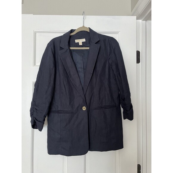 Michael Kors Blazer Womens 8 Navy 100% Linen Scrunch Sleeve Jacket Office Gold - Picture 1 of 8